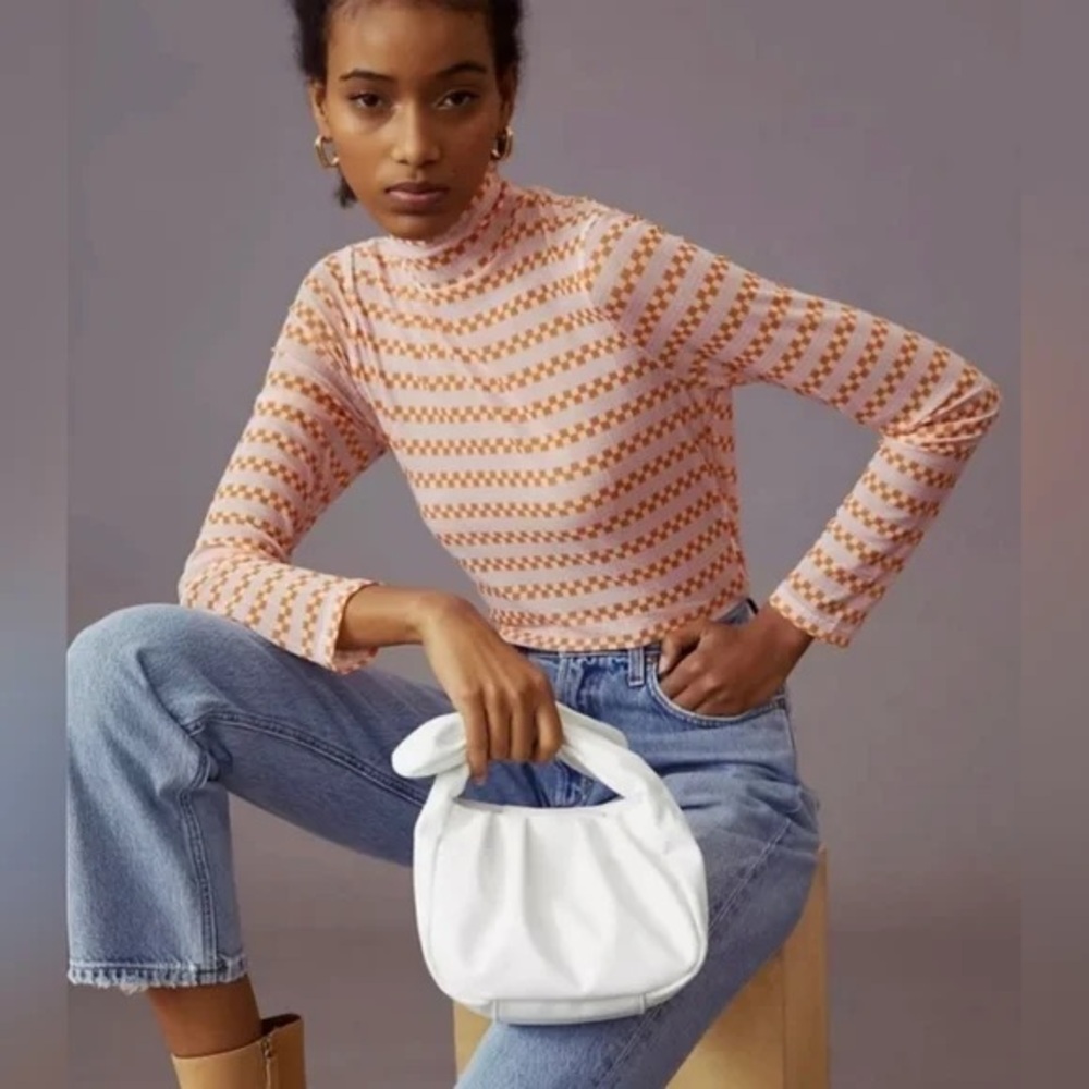 Anthropologie Maeve Mesh Long Sleeve Turtleneck Mock Neck Check Pattern 590